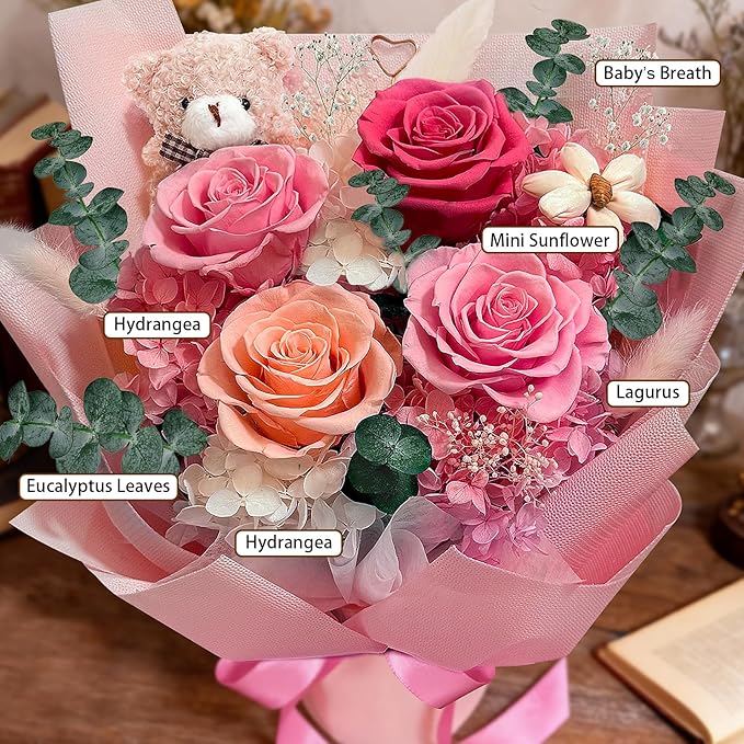 Preserved Flowers Bouquet with Bear&Photo Clip,Last 1-3 Years,4 Real Roses,Flowers for Delivery Prime,Valentine,Mother's day,Anniversary,Birthday Gifts for Grandma Mom Wife Daughter Women Her,Pink