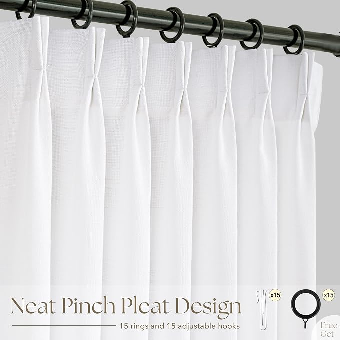 White Pinch Pleated Linen Curtains 63 Inch Length 2 Panels for Living Room Bedroom Textured White Semi Sheer Drapes Pinch Pleat Rings Window Curtain 40x63