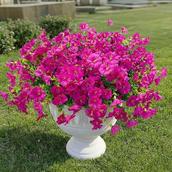 Artificial Flowers for Outdoors Spring Summer Decoration, 16 Bundles Fake Silk Realistic Morning Glory UV Resistant Faux Plastic Plants for Planter Front Door Porch Patio Yard (Fuchsia)