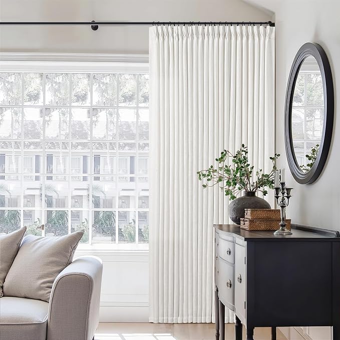 Beige White Pinch Pleated Extra Wide Curtain Panels 108 Inches Long 100 Inch Wide Linen Curtain for Sliding Glass Door Semi Sheer Hooks Rings Privacy 108 Inch Length Drape for Living Room 1 Panel