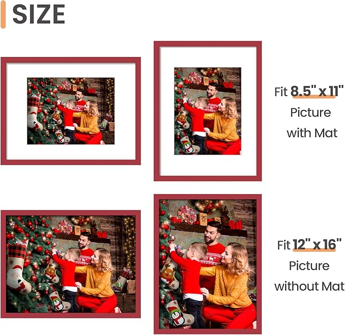 upsimples 12x16 Picture Frame, Display Pictures 8.5x11 with Mat or 12 x 16 Without, Wall Hanging Poster Frames, Red, 1 Pack