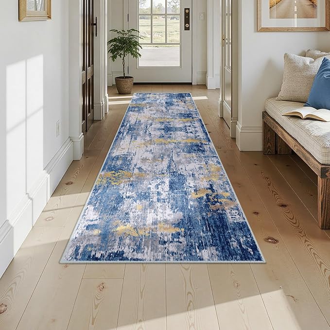 RELEANY Washable Area Rugs 2'6''x10 Non-Slip Modern Abstract Soft for Living Room Entryway Bedroom Nursery, Print Pattern, Grey Blue Gold/Golden