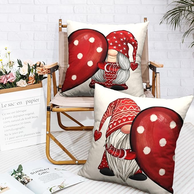 Pack of 2 Valentine Gnome Decorative Pillow Covers 20x20 Red Polka Dots Love Heart Throw Pillow Covers Cotton Linen Cushion Case Valentines Day Decorations for Home Sofa Chair