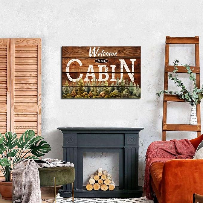 Cabin Wall Art Rustic Farmhouse Forest Wall Decor for Living Room Vintage Brown Wooden Grain Background Prints Welcome to our Cabin Picture Modern Artwork Bedroom Living Room Home Decorations 20x30"