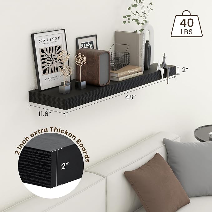 FLYJOE 48'' x 12'' x 2'' Black Floating Shelf Set of 1, 48 Inches Long Black Wood Shelves for Wall, 12 Inch Deep Rustic Shelves, Engineered Wood, Hardware Included, 50 Lbs Load Bearing Capacity