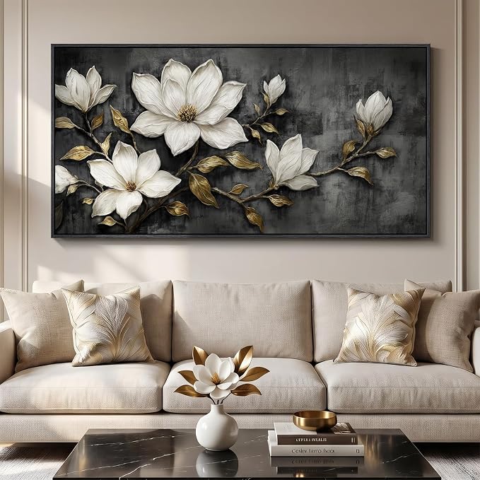Large Framed Black and White Floral Wall Art for Living Room, Modern Magnolia Botanical Canvas Prints Paintings, Elegant Flower with Gold Leaves Pictures for Dining Room Office Wall Decor, 60x30 Inch