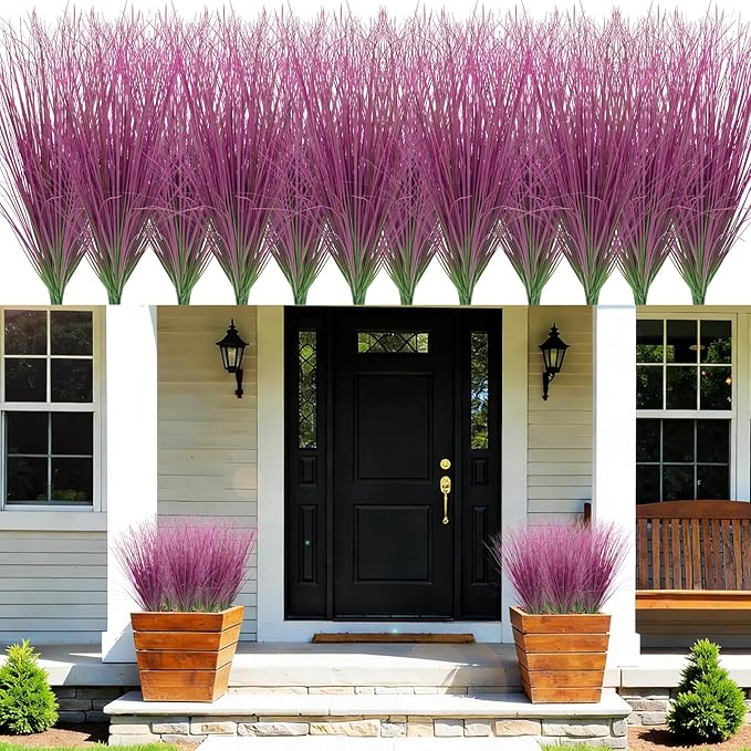 48 Bundles Artificial Grass Plants Outdoor Tall Faux Shrubs Greenery Stems Fake Onion Grasses Wheat UV Resistant for Outside Garden Indoor Office Home Decor（Pink）