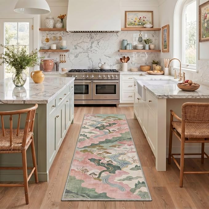 BEIMO Runner Rug for Hallway Kitchen, 2x5 Machine Washable Runners Rug for Entryway, Soft Modern Abstract Throw Rugs, Low Pile Floor Cover with Non Slip Backing, Sage Pink