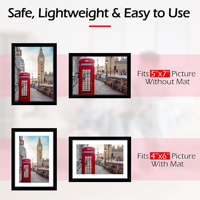 5x7 Picture Frame Set 8 Pack, Black Picture Frames for Wall or Tabletop Display, Fits Pictures 4x6 with Mat or 5x7 Without Mat, Poster Photo Frame with Plexiglass for Gallery Home Wall Decor