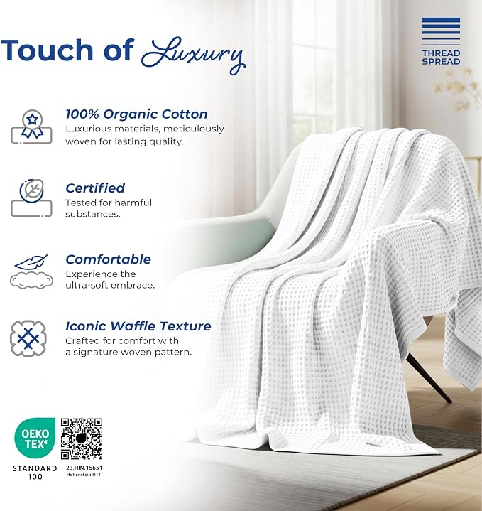THREAD SPREAD 100% Cotton Waffle Blanket Queen Size - Soft Lightweight Breathable Waffle Weave Queen Blanket for All Season, Textured Throw Blankets for Bed, Sofa, Hotel, Hospital - White