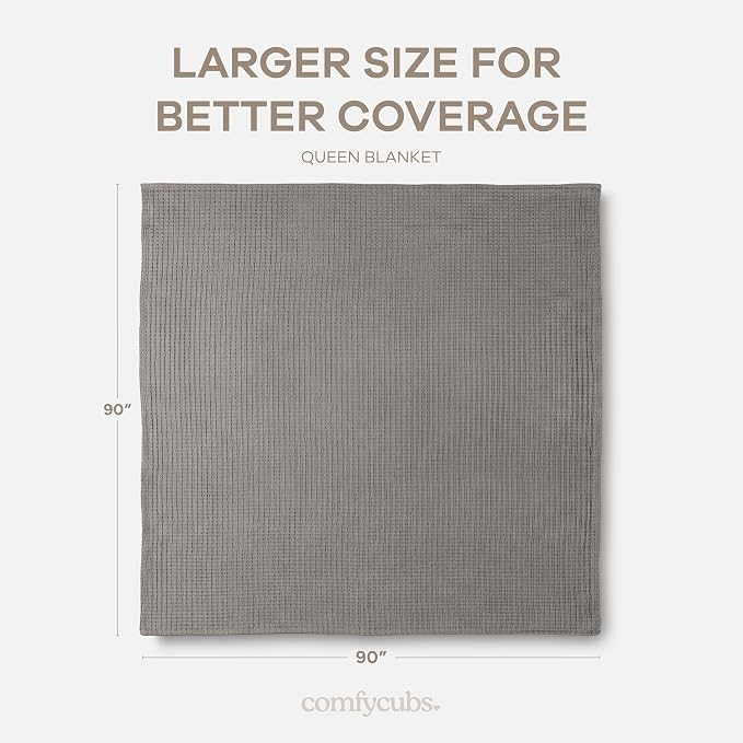 Comfy Cubs Waffle Blanket Queen, 90" x 90" - 100% Cotton Lightweight Breathable Bed Blanket - Soft Textured Thermal Weave for All Seasons – Decorative Cozy Layer for Couch, Sofa, or Bed - Charcoal