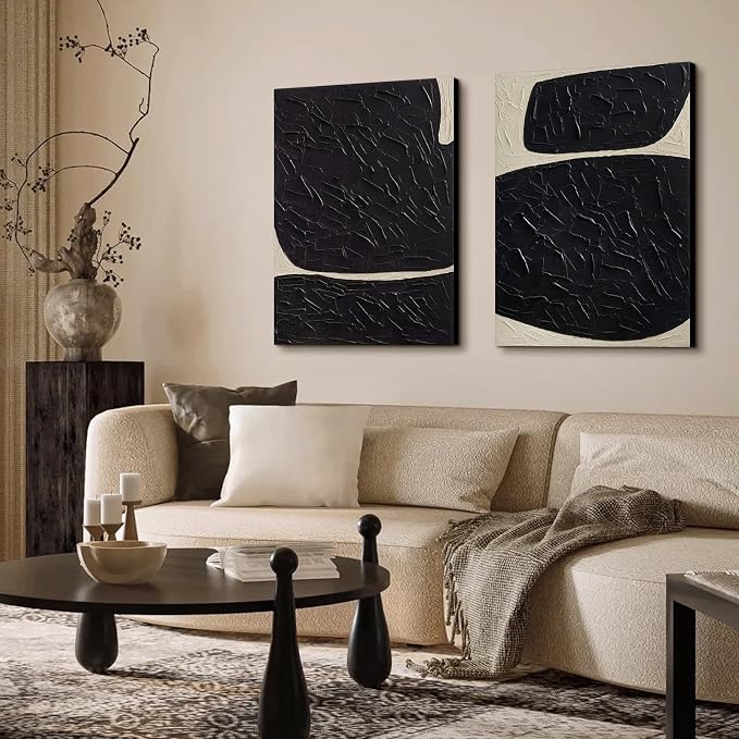 Large Textured Abstract Canvas Wall Art, Modern Minimalist Black Wall Decor | Hand-Painted Vertical Oil Painting Artwork for Living Room Bedroom Office, 28x40 In Original Neutral Home Decor Gifts