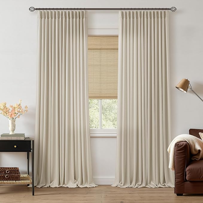 Neutral Beige Linen Pinch Pleated Curtains 92 Inches Long for Bedroom Living Room Light Filtering Pinch Pleat Drape with Back Tab Farmhouse 92 Inch Semi Sheer Curtain for Dining Room Oatmeal Sand