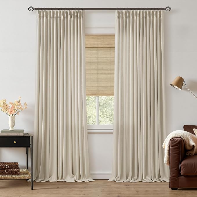 Oatmeal 102 Inch Linen Pleated Curtains for Bedroom Living Room Light Filtering Semi Sheer Pinch Pleat with Back Tab Farmhouse Neutral Window Drapes Beige 102 Inches Long Curtains 2 Panels Set