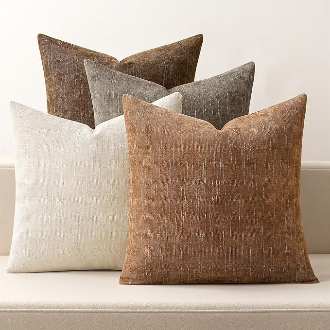 MIULEE Pack of 4 Decorative Throw Pillow Covers 18x18 Inch Brown Chenille Textured Throw Pillows Boho Farmhouse Rustic Cushion Covers for Vintage Modern Home Decor Couch Sofa Bed Living Room
