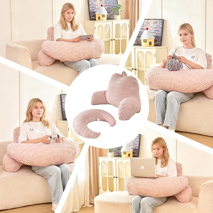 19" Reading Pillow for Bed,U Shaped Arm & Elbow Support,Pink Corduroy | Backrest Supports Back,U Shaped Lap Pillow Cushions Arms,Elbows & Wrists,Ribbed Corduroy for Reading,Gaming,Watching TV