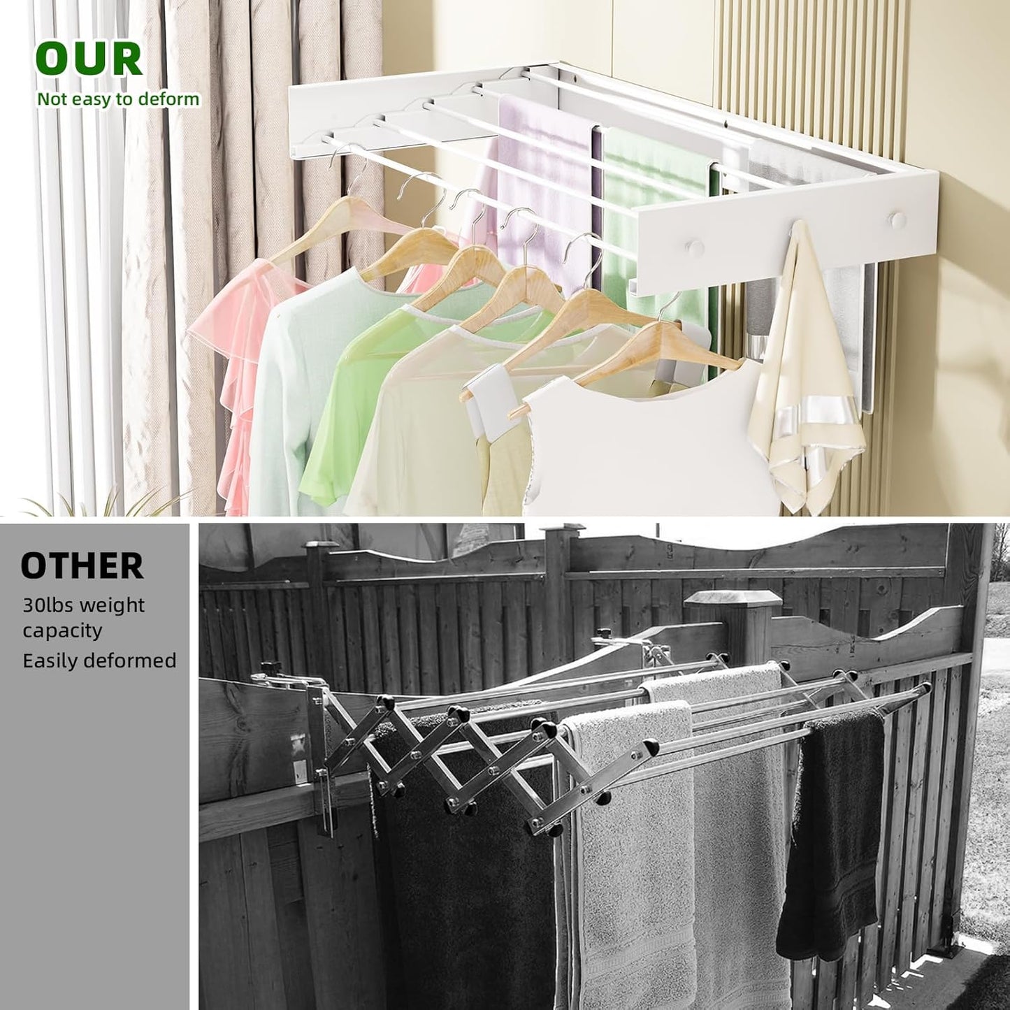 Wall Mounted Drying Rack for Laundry 40'', Folding Drying Rack Clothing Wall Mount with 5 Rods and 6 Hooks, Space Saving for Indoor Outdoor Bathroom Balcony (White, 40'')