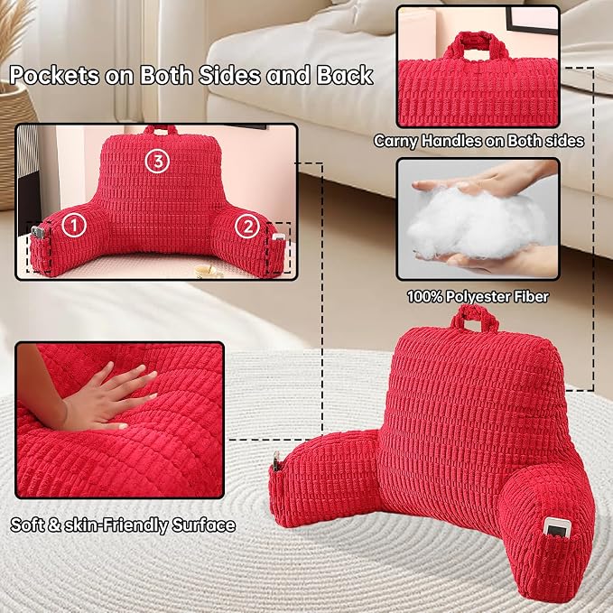 Large Reading Pillow for Sitting Up with Arms,Red Corduroy | Back Pillow for Adults Backrest,19" Sitting Pillow Supports Reading,Gaming & Relaxing in Bed,Couch,Floor Corners