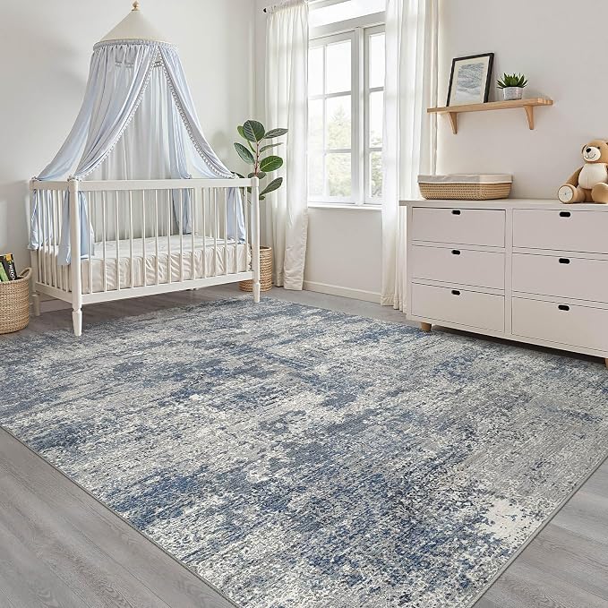 8x10 Area Rugs Living Room: Washable Large Neutral Rug Abstract Soft Modern Stain Resistant Indoor Floor Non-Slip Carpet for Bedroom Nursery Kids Office Playroom Dining Room Under Table- Blue Gray