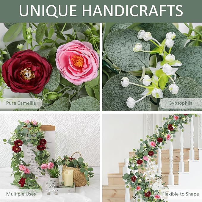 TOCHGREEN 2 Pack 13Ft Artificial Eucalyptus Flower Garland with Red Pink Roses, Fake Rose Flower Greenery Garland Floral Vines for Wedding Home Party Table Runner Decor (Red Pink, 2PCS)