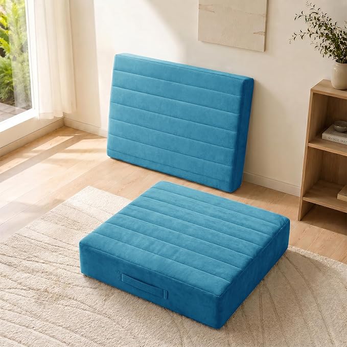 JKMAX 2 Pcs High Density Foam Floor Pillow - Upgraded Large Pillows Seating for Adults - Outdoor Floor Cushion with Soft Tufted Cover - Yoga Pillows for Sitting On Floor - 22 Inch Peacock Blue