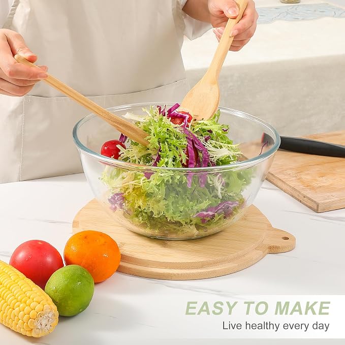JOYMAY Glass Salad Bowls, Set of 3 Glass Bowls with Bamboo Lids Large Serving Bowl for Salad, Pasta, Desserts, W/Bamboo Utensils Salad Fruit Nesting Bowl for Cooking,Baking,Prepping,Serving & Storage
