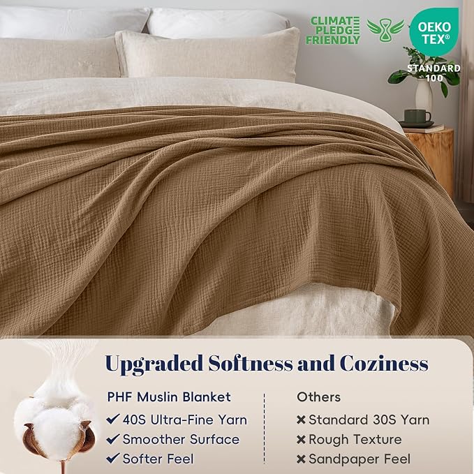PHF 100% Cotton Muslin Blanket Queen Size 90"x90", 4-Layer Lightweight Gauze Throw, Breathable Cloud-Soft Minimalist Blanket for Bed, Couch, Camping & Baby, Coco Brown, Ideal Gift