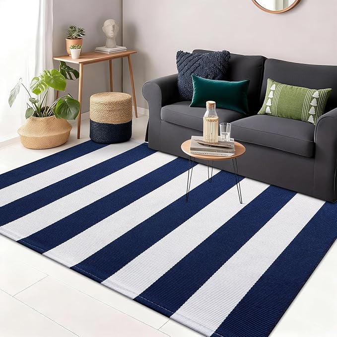 OLANLY Navy and White Striped Rug 3' x 5' – Washable Cotton Indoor Outdoor Doormat for Front Door, Entryway, Kitchen, Porch, Patio Decor