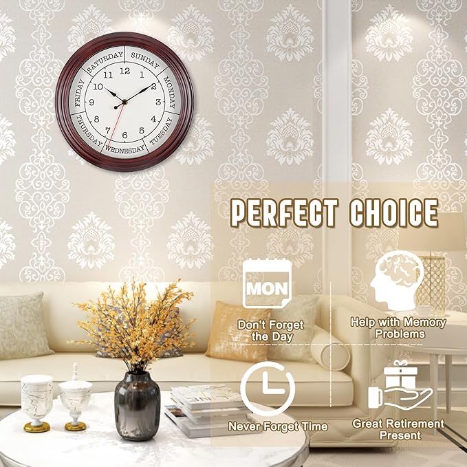 Day of the Week Clock 14 Inch Retirement Wall Clock with Wood Frame for Men Women Red Brown