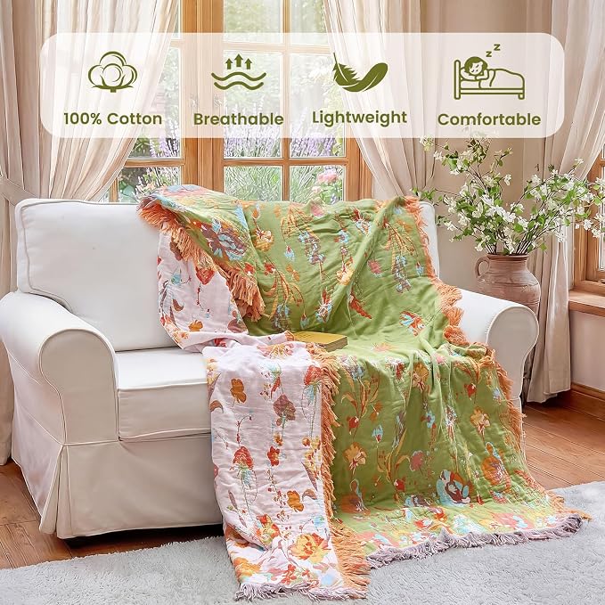 MSGKV Boho Throw Blanket 60"x80" Floral 100% Cotton Blanket with Flower and Butterfly for Bed Couch Summer Breathable Lightweight Farmhouse Twin Blankets Home Decor Muslin