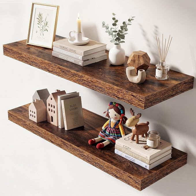 Dreamland 30 Inches Floating Shelves for Wall,9.3" Deep Long Floating Shelves Set of 2,Large Display & Storage Shelf,Wall Shelf for Bathroom Bedroom Living Room Kitchen Office,Rustic Brown