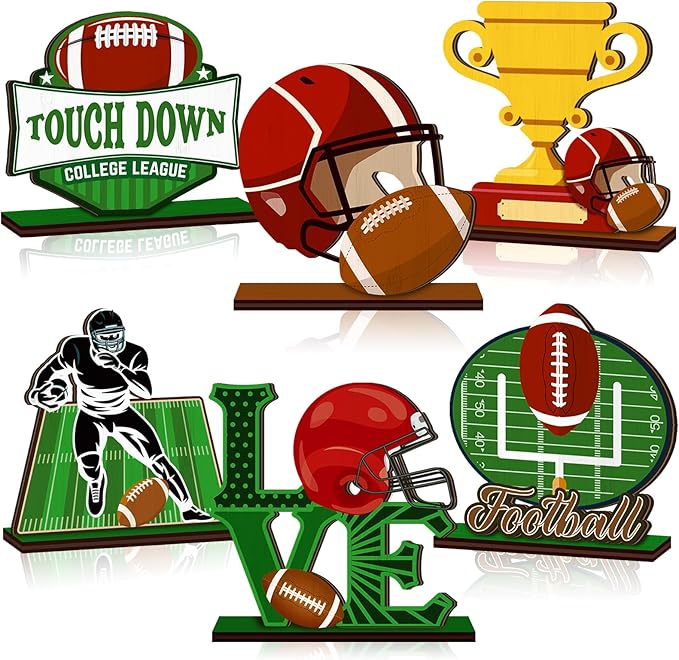 Cinnvoice 6 Pcs Football Table Decorations Wooden Table Centerpieces Rustic Wood Tabletop Sign Decorations for Home Kitchen Office Farmhouse Desk Shelves Party Tiered Tray Decor