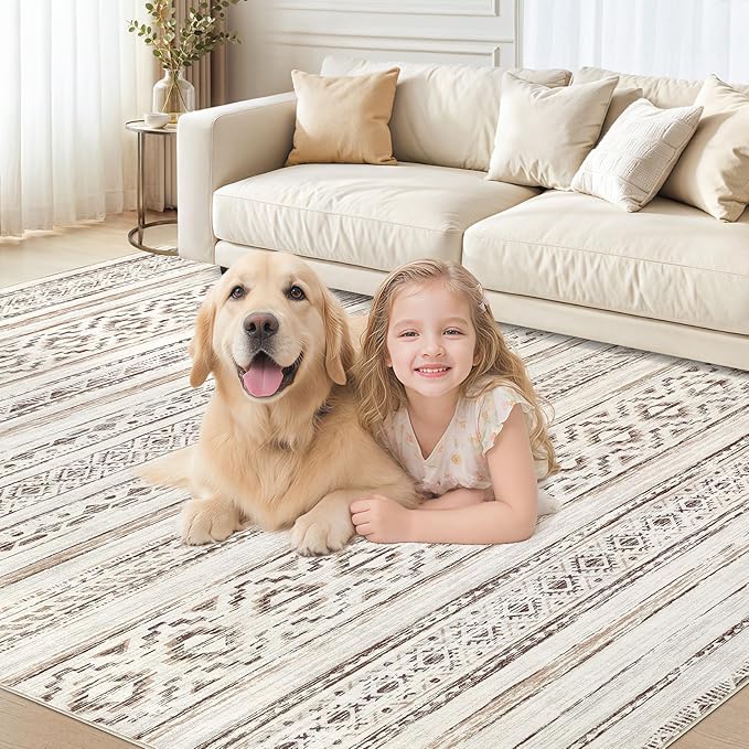 cotiled 10x12 Area Rug Living Room: Washable Boho Rugs with Non Slip Backing Large Soft Indoor Stain Resistant Carpet for Bedroom Farmhouse Dining Room Lightweight Home Decor Cream Brown