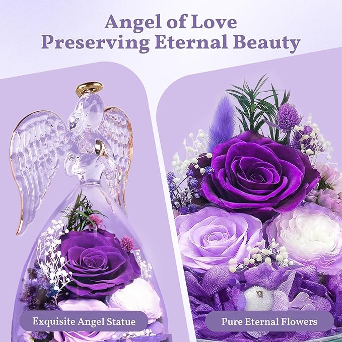 TranquilBliss Gifts for Mom, Flowers for Mother’s Day, Preserved Rose in Glass Dome with Light, Angel Figurines for Her Birthday, Valentine’s Day for Wife, Grandma, Women - Purple