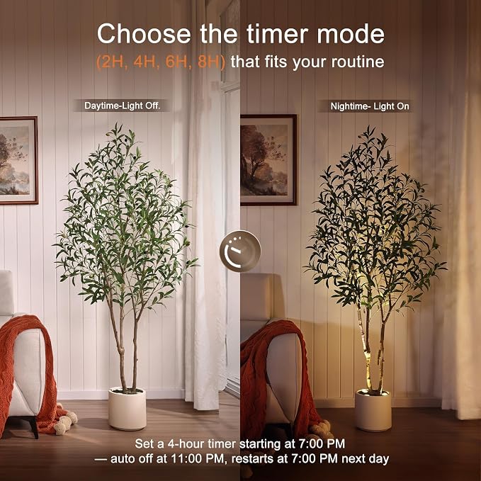 Verinatural Artificial Olive Tree Faux Plants Indoor - 6FT Tall Fake Tree with Remote LED Spotlights, Cylinder Round White Planter - for Modern Home Office Living Room Floor Display, VN214
