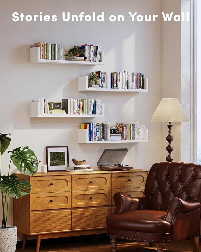 Wall Bookshelf, Set of 4, U Shaped Floating Bookshelf, Hanging Bookshelves for Wall, Wall Mounted Shelves for Living Room Bedroom Office (White, 17 Inches, 4)