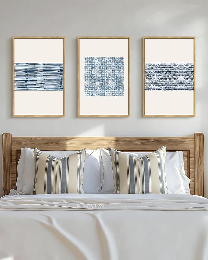 PHOPAGO Blue Abstract Framed Wall Art Large 16x24in Modern Boho Neutral Line Wall Decor Bohemain Minimalist Geometric Artwork Home Decor - Natural Framed