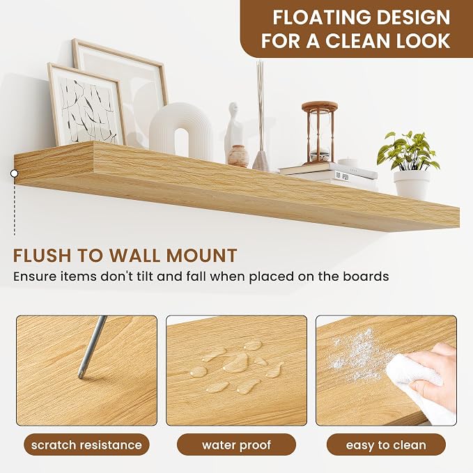 fuqing Floating Shelves for Wall, Wall Mounted Wood Floating Shelf with Invisible Brackets for Living Room, Bathroom, Bedroom, Kitchen Storage and Decor, 48 Inch Set of 2, Oak