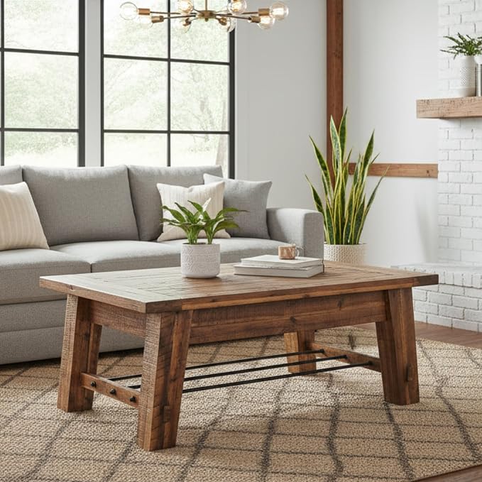 Alaterre Furniture Durango Solid Wood Coffee Table with Metal Storage Shelf | 48-Inch, Rustic Industrial Living Room Table, Metal Accent, Rustic Natural Grain Lacquer Finish