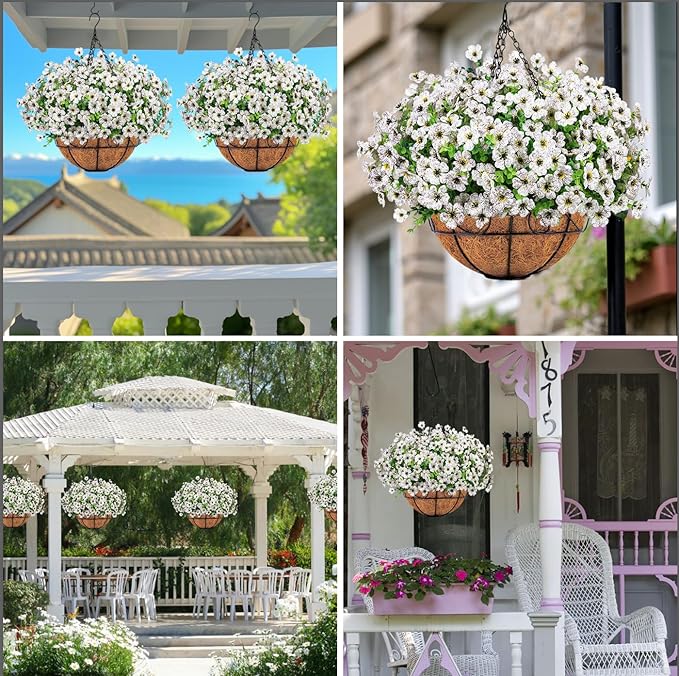 Ouddy Decor Artificial Hanging Flowers with Basket, Fake Hanging Plants with Faux Silk Flowers UV Resistant for Outdoors Indoors Spring Summer Porch Patio Balcony Yard Home Decorations, White