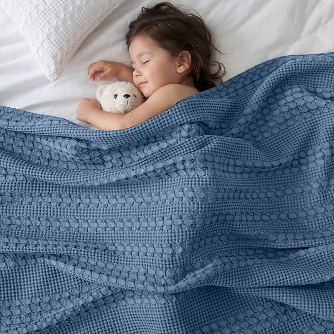 PHF 100% Cotton Waffle Throw Blanket for Couch, Lightweight Breathable and Soft for Summer, Luxury Aesthetic Waffle Weave Blanket for Home Decor & Office, Gifts for Women, 50"x60", Denim Blue
