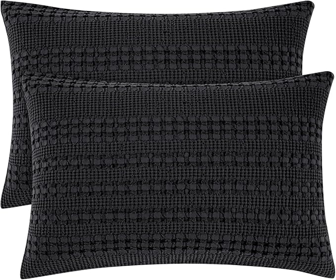 PHF 100% Cotton Waffle Pillow Shams Queen Size, 2 Pack 20" x 30" Soft Skin-Friendly Pillowcases, No Filling, Aesthetic Woven and Breathable Waffle Weave Pillow Case Covers for Bed, Black
