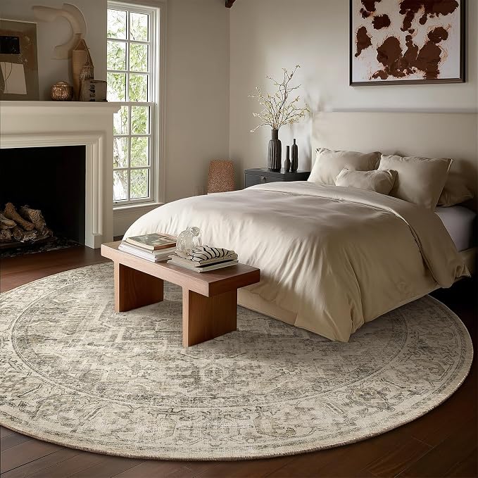 6ft Washable Round Rugs for Bedroom: Circle Living Room Rug Vintage Non Slip Low Pile Soft Faux Wool Non Shedding Boho Circular Rug for Entryway Kitchen Bathroom Office College Dorm Nursery Indoor