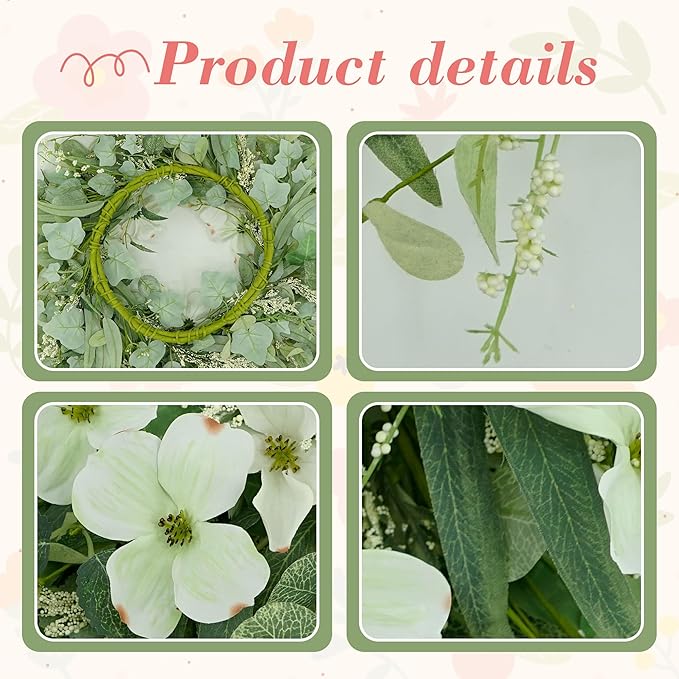 YNYLCHMX 18" Spring Summer Wreaths for Front Door, Artificial Floral Wreath with White Phalaenopsis Green Eucalyptus Leaves, Green Foliage Wreath for Wall Window Farmhouse Party Holiday Home Decor