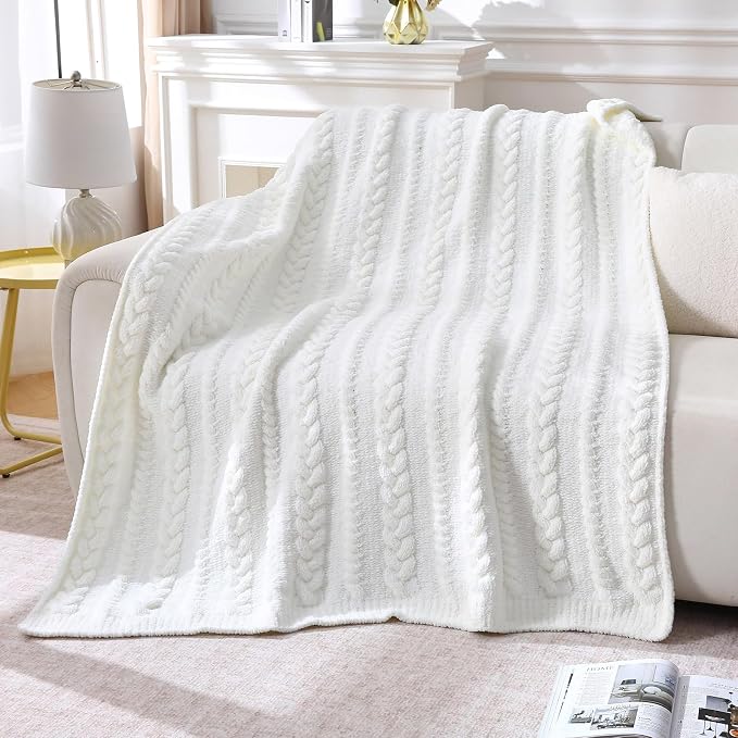 Cable Knit Throw Blanket 50x60 Inches - Chunky Knit Chenille Blanket for Couch, Bed | Warm & Cozy Winter Blanket for Living Room, Farmhouse Home Decor | Off White