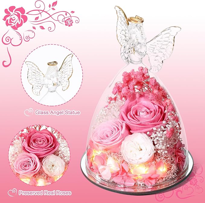 Mothers Day Rose Gifts for Women Preserved Real Flower in Glass Angel Figurines Roses for Delivery Prime Birthday Gifts for Mom Grandma Girlfriend Wife Her,Pink Austin Roses