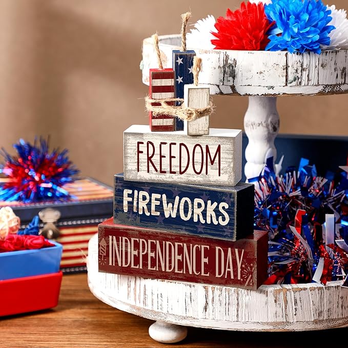 CroBlissful 4 Pcs 4th of July Decorations Patriotic Memorial Day Tabletop Decorations Red White Blue Table Centerpieces Sign for Office Tiered Tray Home Shelf 250th Anniversary(Patriotic)