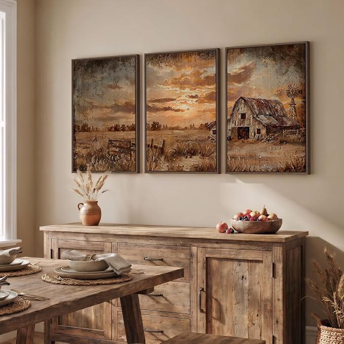Large Farmhouse Landscape Wall Art for Living Room, Framed Vintage Country Sunset Canvas Prints Set of 3 , Retro Rustic Barn and Field Pictures for Bedroom Dining Room Hallway Office Wall Decor 20x30 Inch