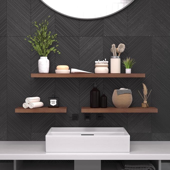 SAUMONIERES Floating Wall Shelves for Bedroom Bathroom Wall Mounted Solid Wood Shelf 24 Inch Set of 2, Walnut Floating Shelves