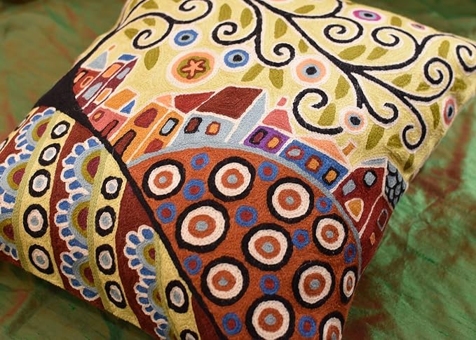Yellow Tree of Life Throw Pillow Cover Karla Gerard Floral Pillowcase Gold Flower Pillowsham Plant Flower Chair Cushion Flowers Couch Hand Embroidered Wool Size 18x18